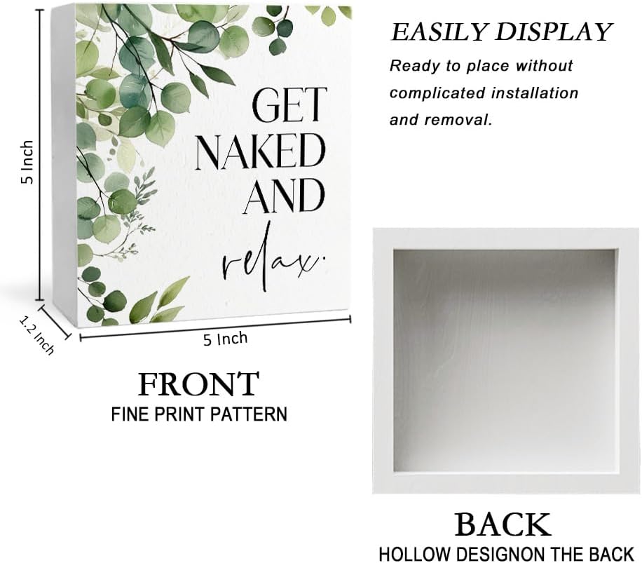 Get Naked And Relax Funny Bathroom Wooden Box Sign, Eucalyptus Botanical Wood Signs for Restroom Bathroom Toilet Half Bath Shelf Counter Decor, 5x5 Inch