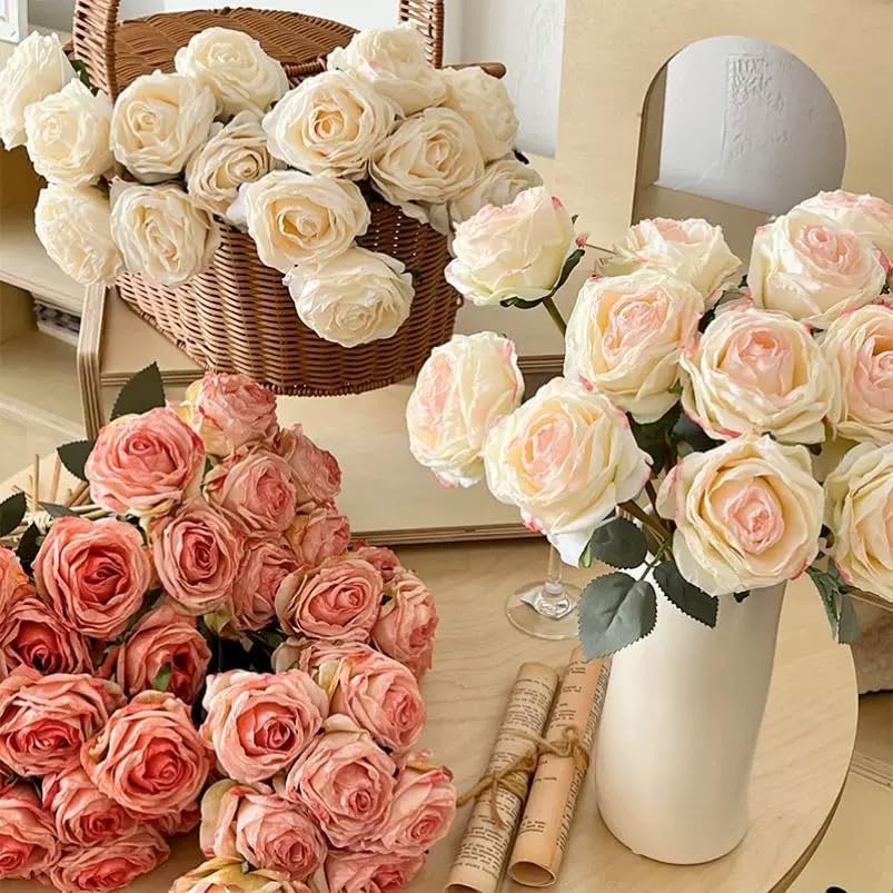 Kimura's Cabin 12pcs Lifelike Faux Silk Roses Flowers with Stem Artificial Rose Bouquet Fake Vintage Roses Dried Flower for Valentines Day Home Centerpiece Wedding Party DIY Decoration(Pink White)