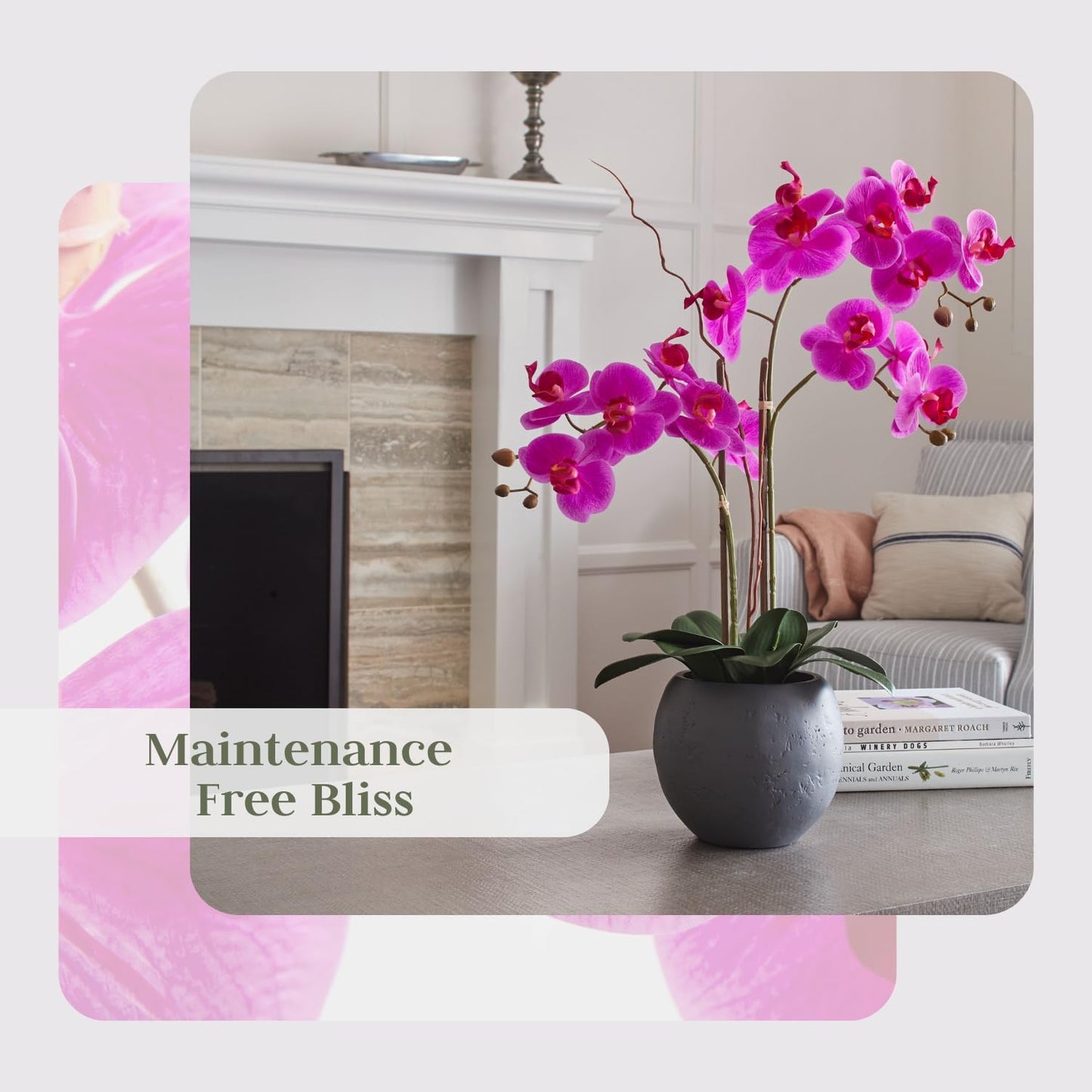 Faux Pink Orchid Plant, Premium Artificial Indoor Flower Display Stands 25-Inches with Beautiful Sculptural Blooms and Foliage That Lasts Forever, Grey Planter Pot Included