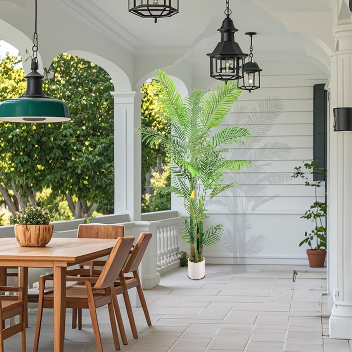 Artificial Fake Palm Tree 8FT 1Pack with White Planter & Free Moss, UV Resistant Artificial Palm Tree for Outdoors, Fake Plants for Poolside Home Room Decor, Faux Plants Outdoor Decor