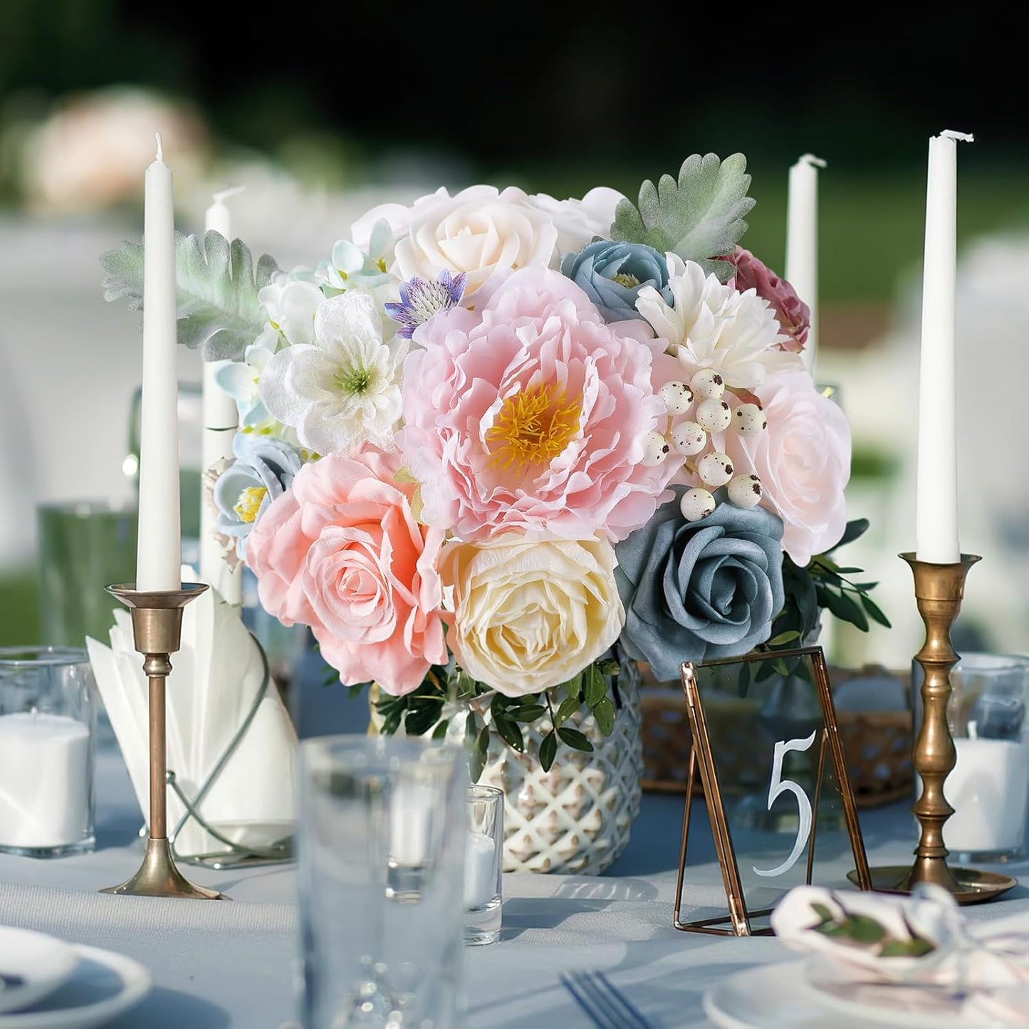 AGIRL Artificial Flowers Combo Silk Pink Roses Fake Flower with Stems for DIY Wedding Bouquets Centerpieces Arrangements Table Chair Decor Baby Shower Home Decor (Blue Pink)