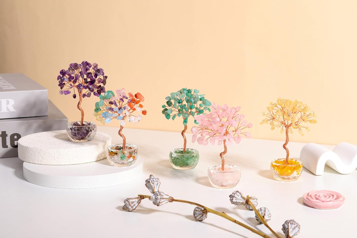 Jovivi Small Citrine Crystal Tree, Natural Crystal Healing Stones Tree Glass Bowl Base Gemstone Money Trees Feng Shui Good Luck Home Desk Decor