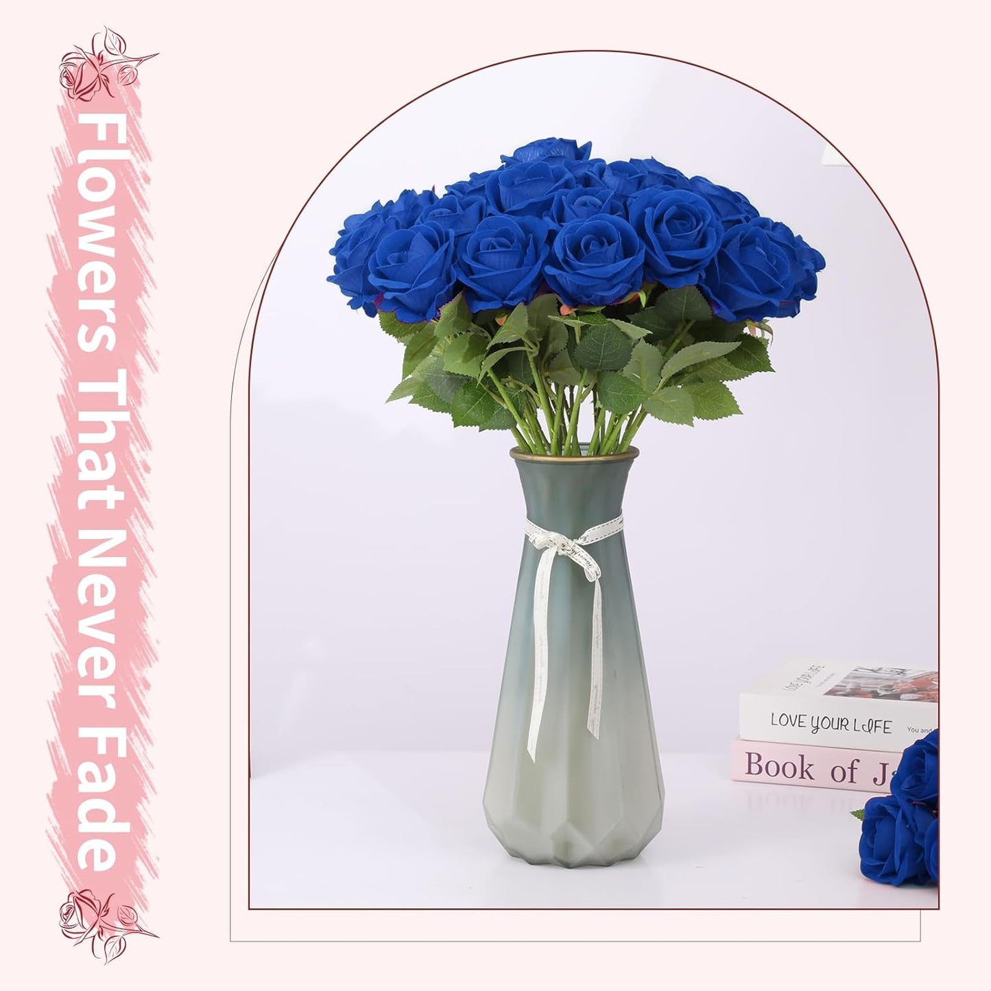 55 PCS Fake Roses Artificial Flowers Bulk, Blue Roses Bridal Bouquet Silk Faux Rose with Stems for Wedding Flowers Decoration, Valentine's Day, Bridal Bouquet, Anniversary,Home Decor(55PCS, Blue)