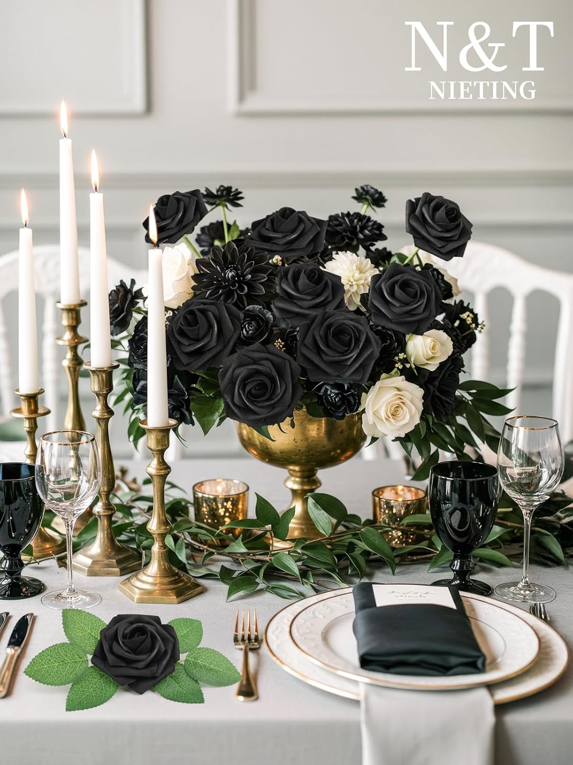 N&T NIETING Artificial Flowers Black Rose 25pcs Real Touch Flowers Perfect for for DIY Bouquets Wedding Party Baby Shower Home Halloween Decoration