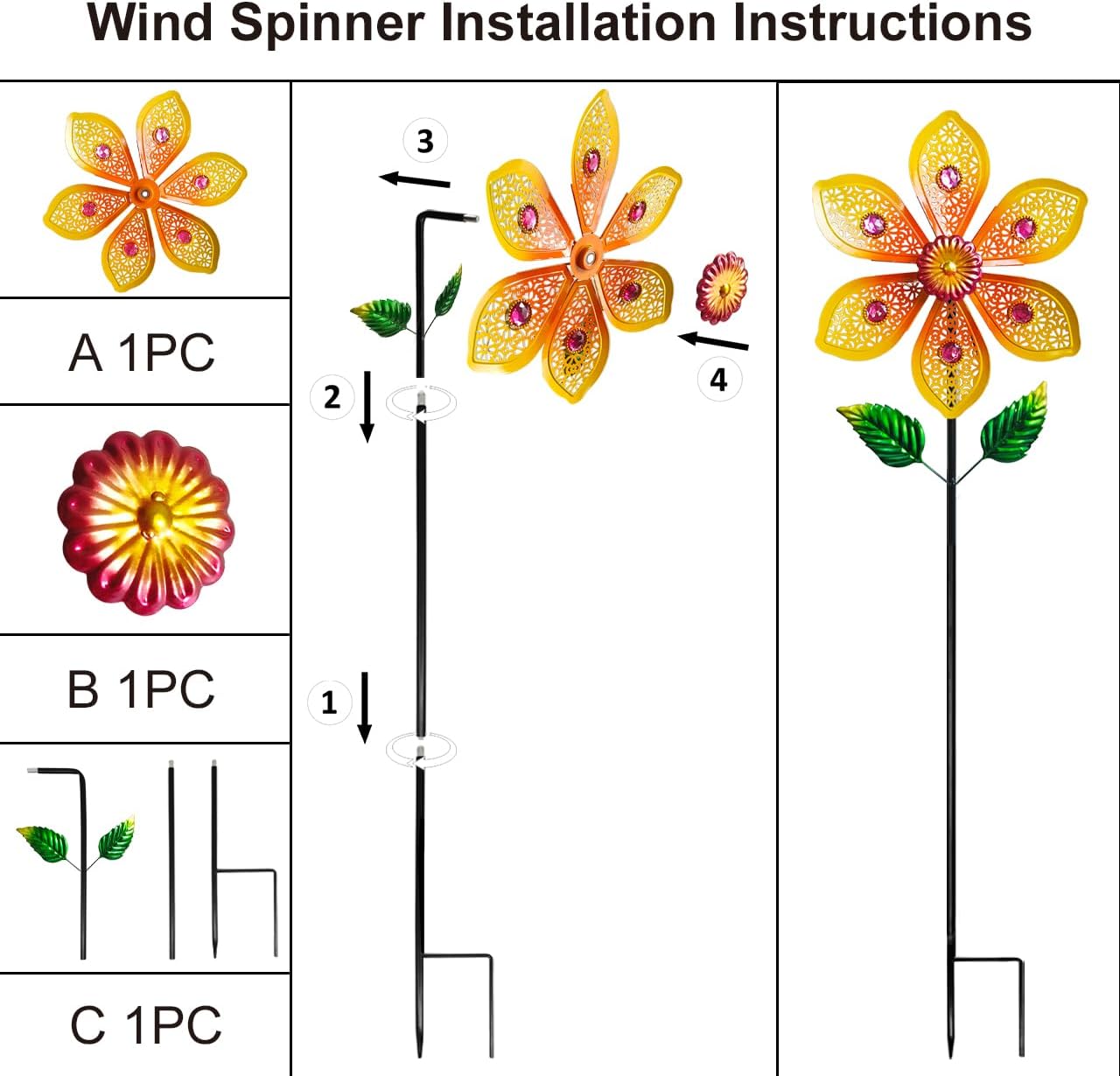 Metal Wind Spinners for Garden Decor Outdoor Windmill Sculptures, Durable Yard Art Wind Spinners Metal Wind Spinner for Patio Lawn Ornament (Bright Orange Flowers)