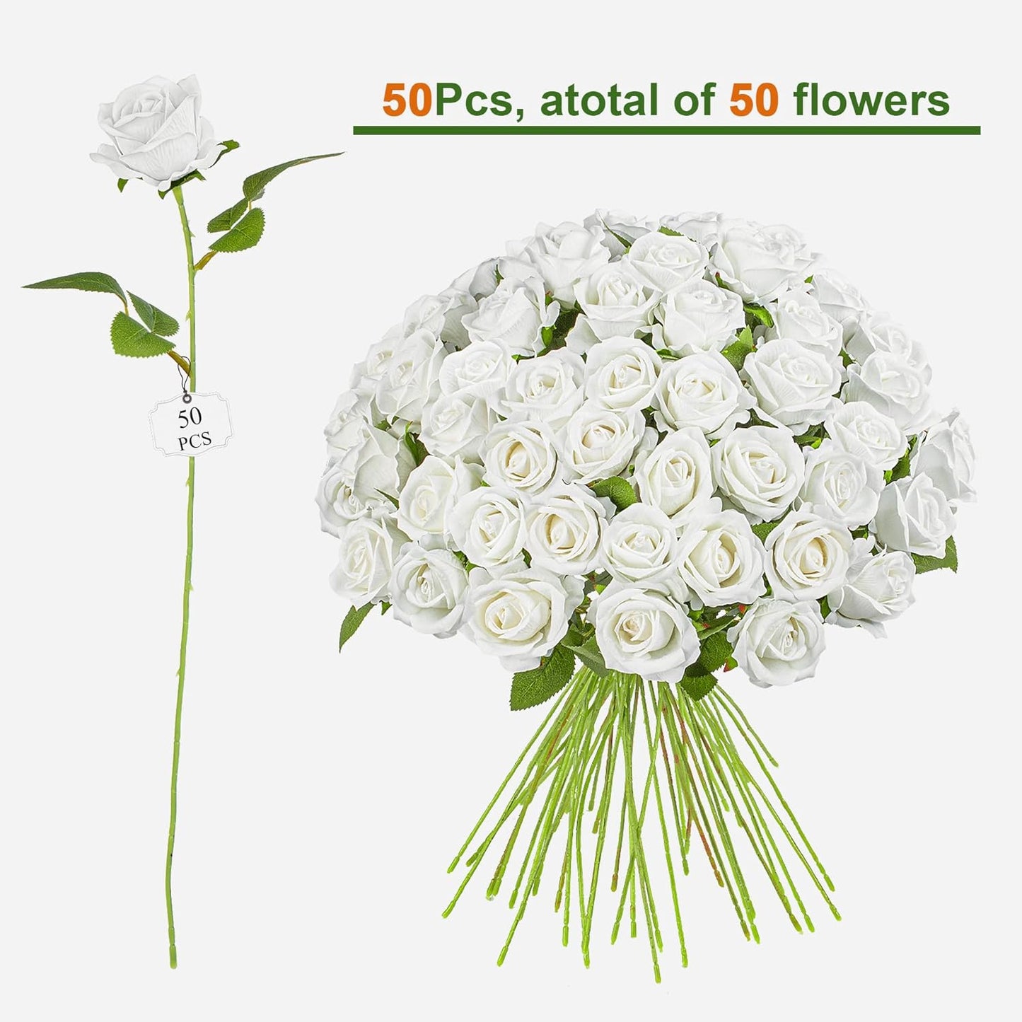 Fake Plants Roses Flowers Plastic Flowers Spring Decorations for Home Gifts for Gf Roses Artificial Flowers for Vase Fake Flowers Home Decor 19.6â(50PCS White)