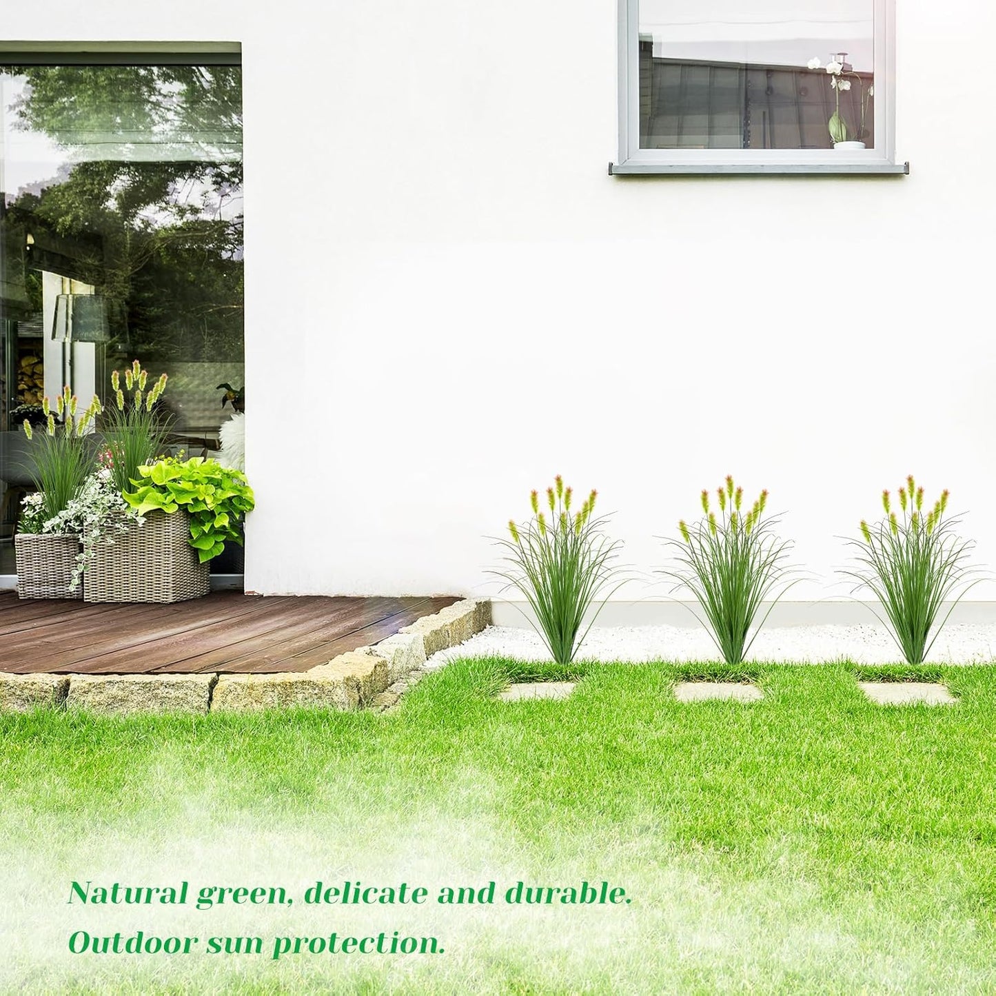 Artificial Grass Plants Outdoor 24 Bunches Fake Onion Grasses with Plush Fake Shrubs Plant Flowers Faux Greenery Wheat Sea Grass for Outside Garden Indoor House Home Office Room Décor (Green & Red)