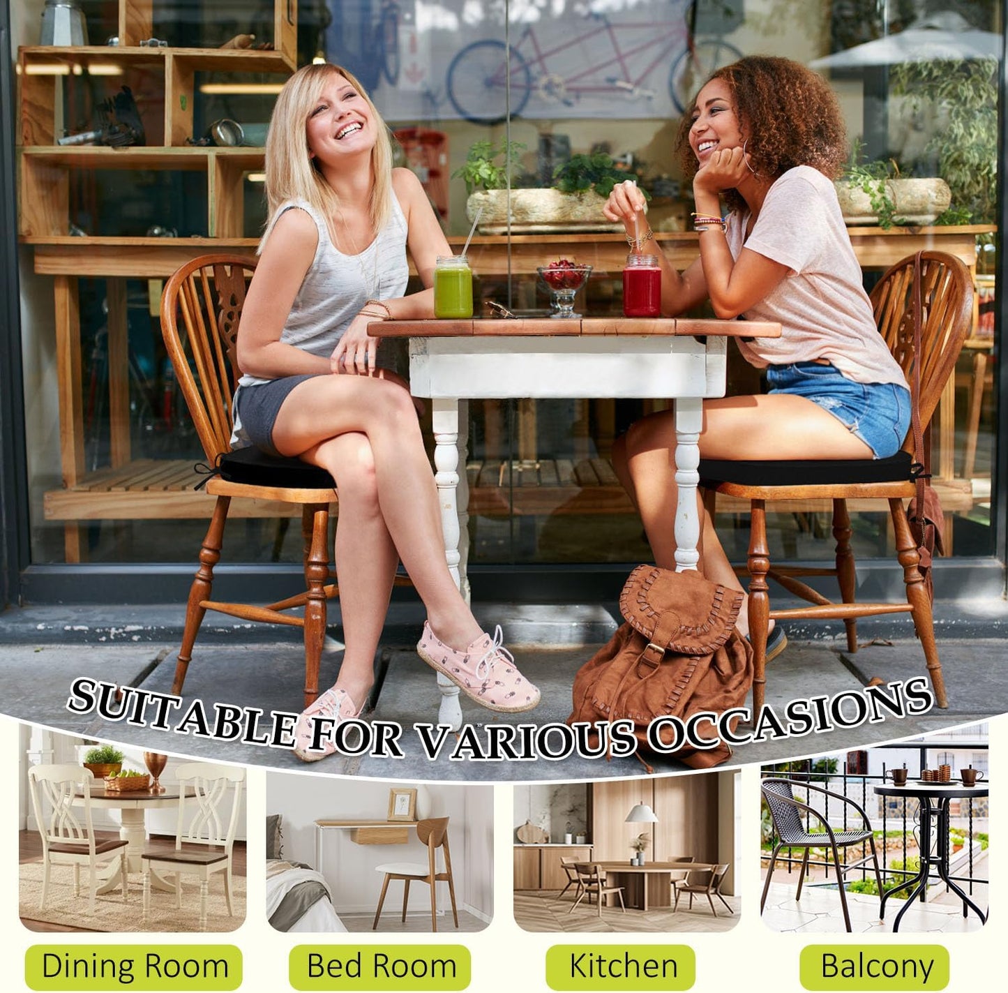 Chair Cushions for Dining Chairs, Indoor Chair Cushions with Ties,Waterproof Chair Pads Set of 4, Black, 17x16x2.5 Inch