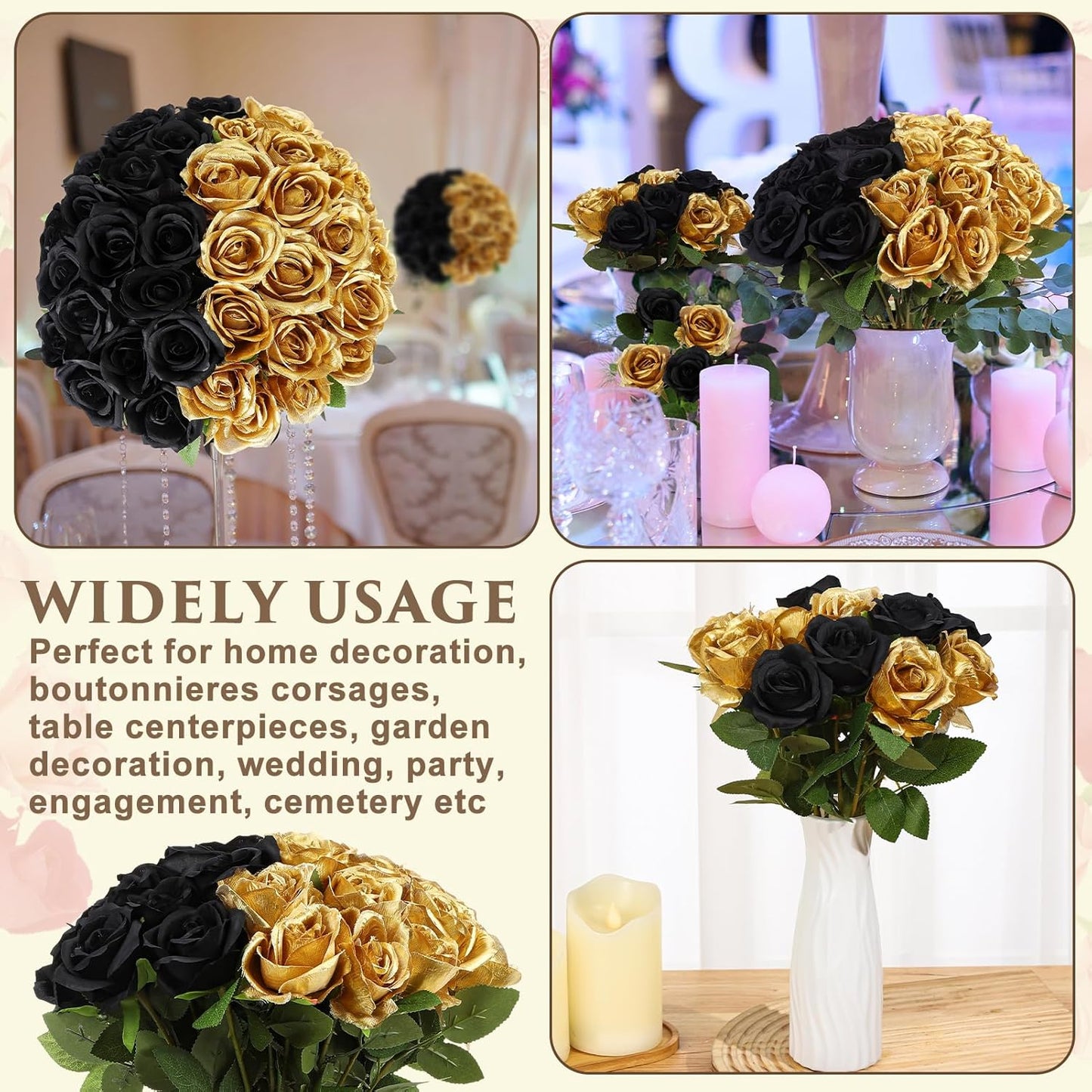36 Pcs Silk Black Gold Rose Bouquet Bridal Artificial Flowers,Fake Rose Long Stem Realistic Flowers Bulk for Wedding Bouquet Ball Arrangement Centerpiece Party Decor