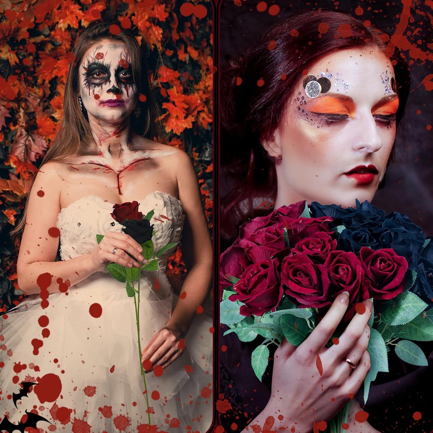 36 Pcs Silk Black Red Rose Bouquet Bridal Artificial Flowers,Fake Rose Long Stem Realistic Artificial Flowers Bulk for Wedding Bouquet Ball Arrangement Centerpiece Party Decor