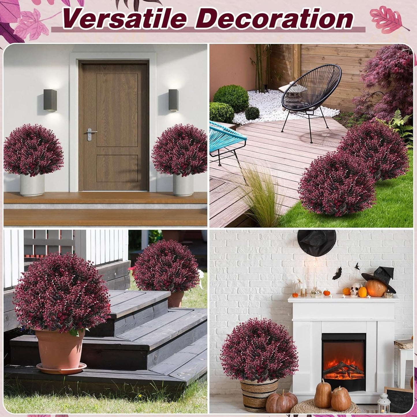 Yunlly 2 Pcs 18 Inch Artificial Boxwood Ball Topiary Tree Fake Outdoor Plants Bush, UV Resistance Faux Shrub with Spike Realistic Greenery Potted for Indoor Garden Yard Porch Patio Decor (Dark Purple)