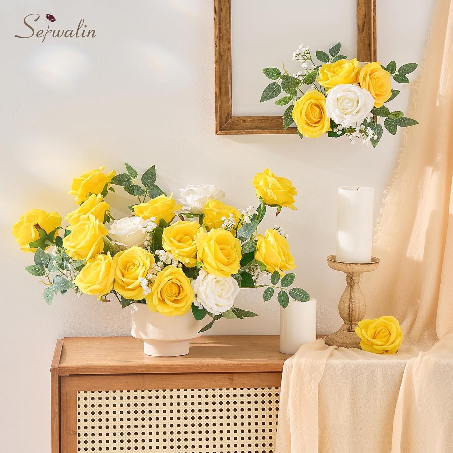 Serwalin 20pcs Artificial Yellow Roses, 4''Big Velvet Flower Head Fake Roses, Realistic Silk Roses Real Touch Bouquet Long Stems for Mother, Wedding Home Decor and Table Centerpiece