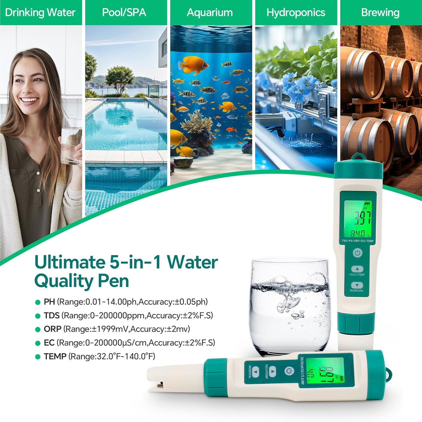 5in1 PH Water Tester, Digital pH Meter for Water, EC and TDS Meter with PH TDS EC ORP Temp Water Quality Tester for Hydroponics Plant Swimming Pool Aquarium Drinking Water Testing Kit PPM EC Tester