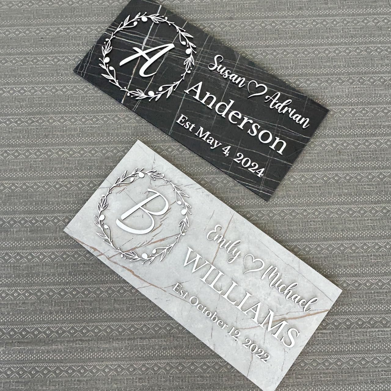 Personalized Black Marble Family Name Sign โ Custom Couple Names with Monogram & Established Date โ Stylish Wedding, Anniversary, or Housewarming Gift โ Dark Wood Wall Decor