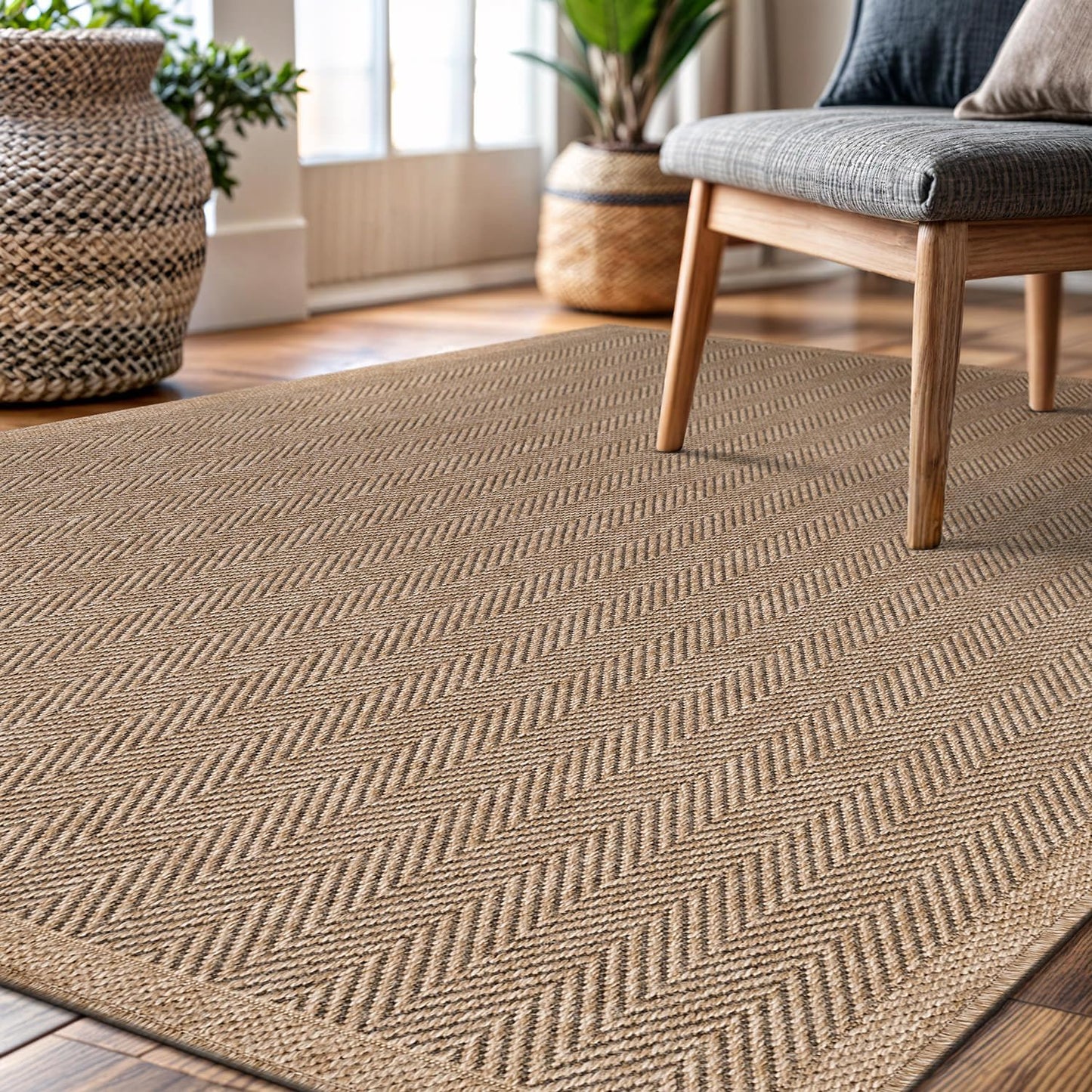 CAMILSON Easy Jute Rug 8x10, Indoor Outdoor Natural Color Fiber Area Rugs for Living Room and Patio Rug Herringbone Seagrass Boho Woven Design Easy-Cleaning Washable Outside Carpet Alfombras 8 x 10