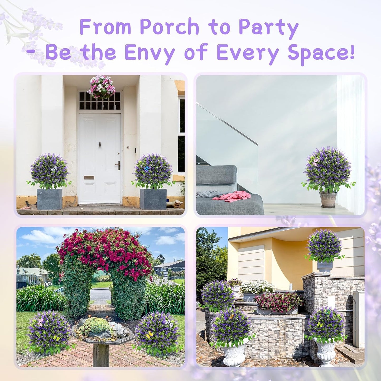 28" Artificial Boxwood Topiary Ball with Lavender, UV Resistant Topiary Tree Faux Boxwood Ball Shaped Porch Bushes with Ground Spike Artificial Bushes for Outdoors Front Door Decor Home Garden