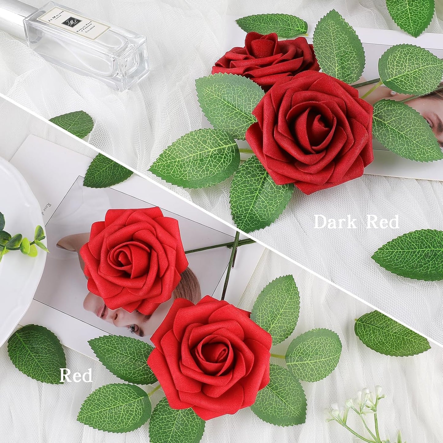 AmyHomie 25pcs Real Looking Artificial Red Roses w/Stem for DIY Wedding Bouquets Centerpieces Arrangements Party Baby Shower Home Decorations