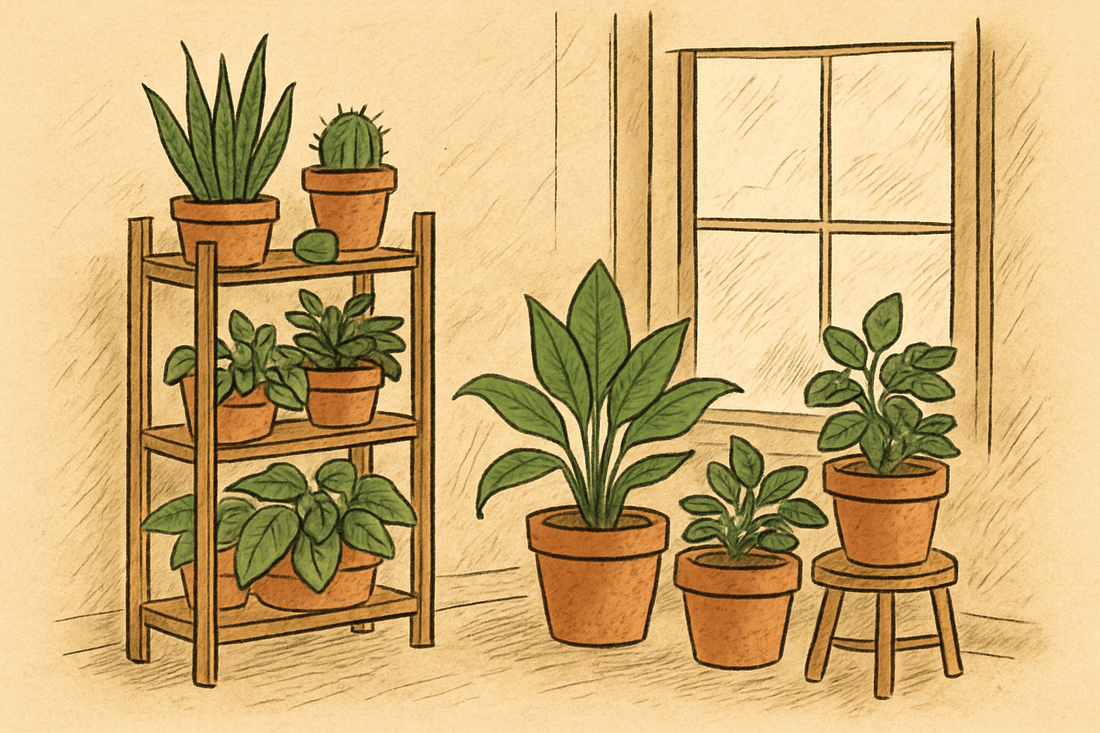Hand-drawn illustration of a cozy small indoor garden with plants on shelves