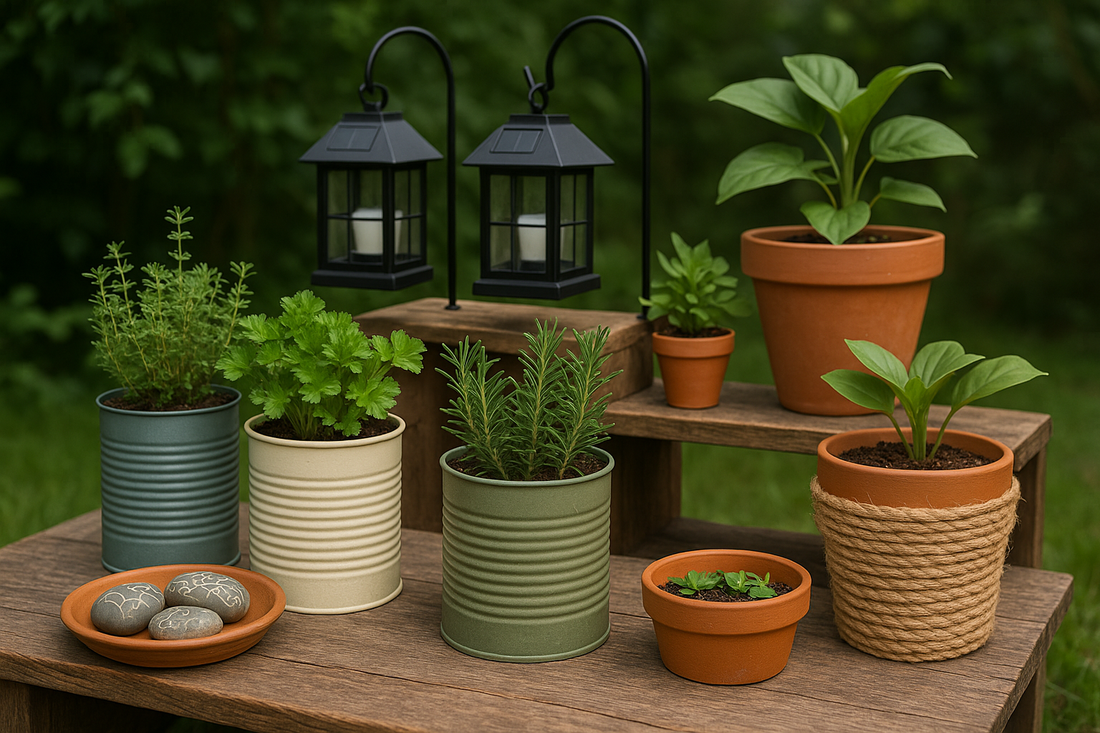 Outdoor DIY garden setup featuring upcycled tin can planters, herbs, terracotta pots, solar lanterns, and decorative stones arranged on wooden crates in a backyard