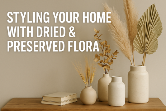 Thumbnail showing dried and preserved flora styled in neutral-toned ceramic vases on a wooden surface, used for the EdenRoots home styling guide