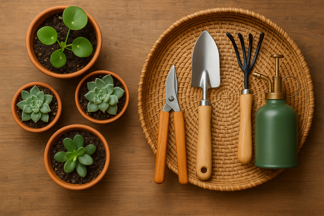 Gardening tools and potted succulents arranged neatly on a wooden table