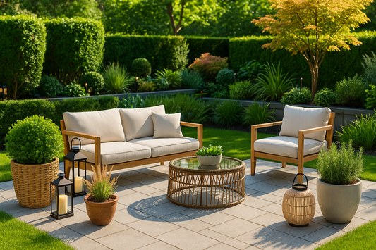 Stylish modern outdoor garden with bright sunlight, patio furniture, planters, and decor accents