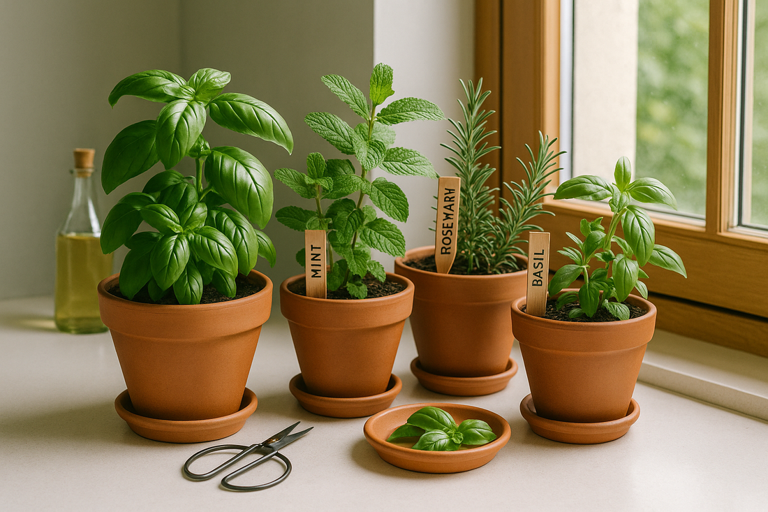 Indoor herb garden setup with basil and rosemary in small pots on a wooden counter