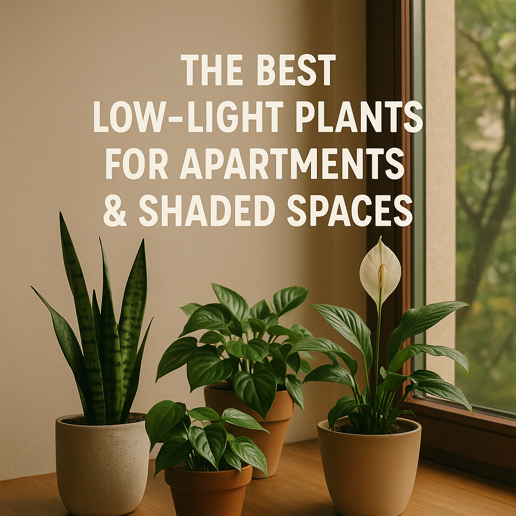Cozy indoor scene with snake plant, pothos, and peace lily placed on a wooden table by a window, styled for a low-light apartment setting