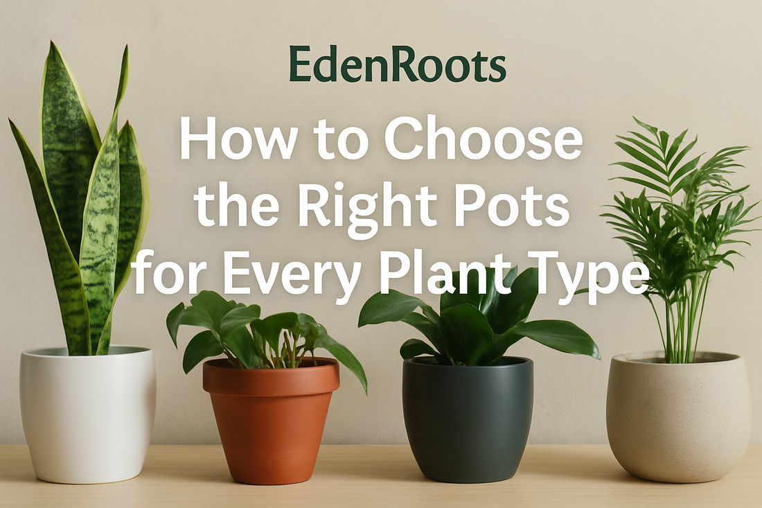 Thumbnail image featuring various indoor plants in stylish pots for the EdenRoots guide on choosing the right pots for each plant type