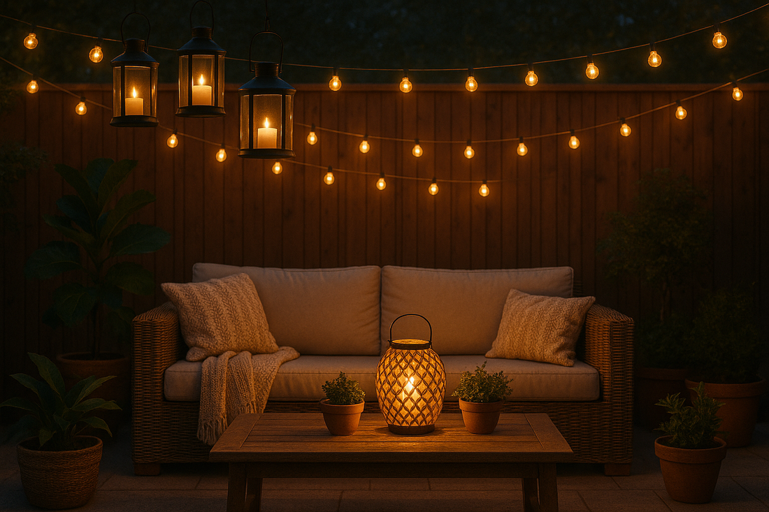 Outdoor patio at dusk with warm string lights and cozy seating