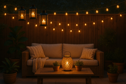 Outdoor patio at dusk with warm string lights and cozy seating