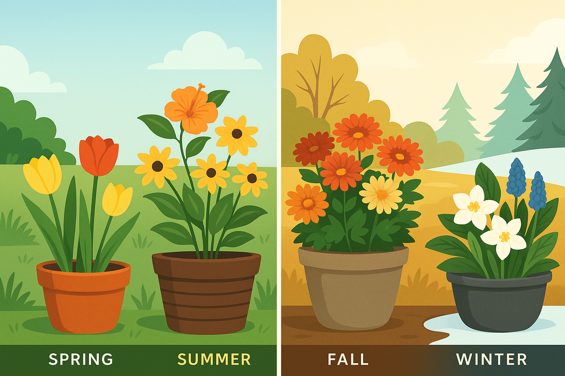 A digital illustration showing four seasonal flower arrangements for spring, summer, fall, and winter in a horizontal layout.
