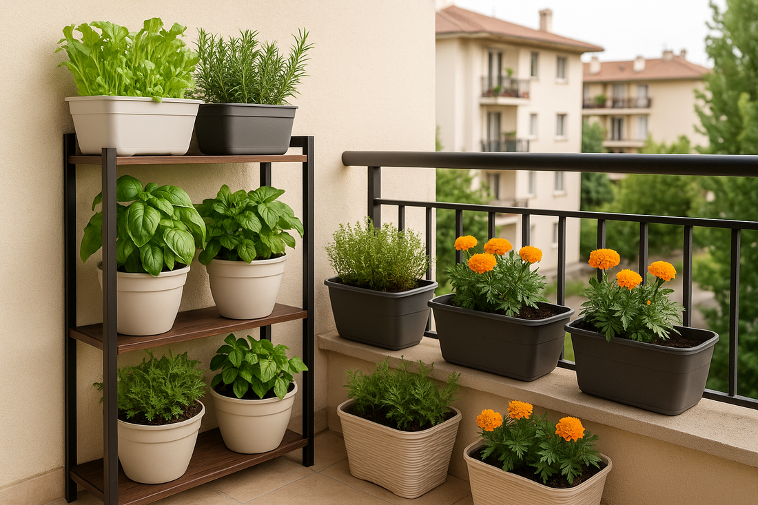 Thumbnail image of a renter-friendly small balcony garden with herbs, marigolds, and lightweight planters arranged neatly on shelves and railings — EdenRoots balcony garden guide