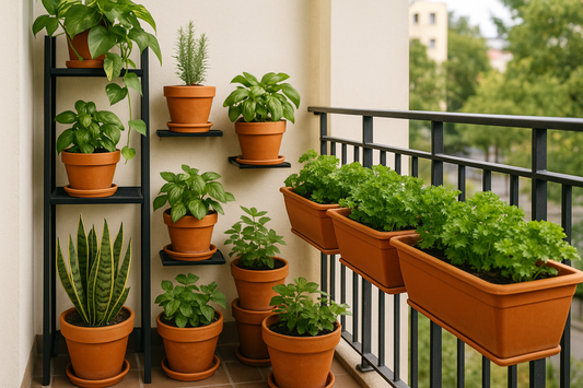 Lush urban balcony garden with terracotta pots, railing planters, and a bright vertical plant setup designed for compact outdoor spaces