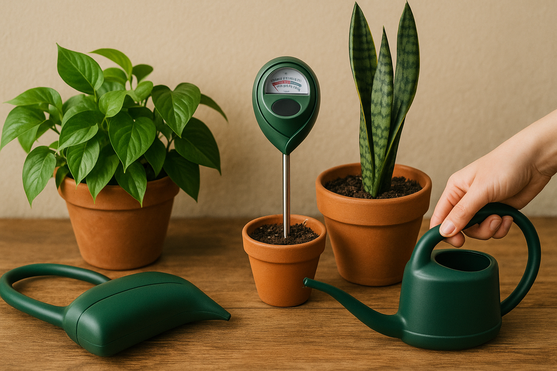Indoor plant care scene with watering tools and potted plants on a wooden surface