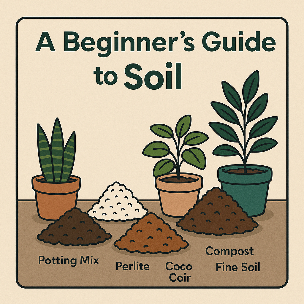 Illustrated soil guide showing potting mix, perlite, coco coir, compost, and potted plants in a clean flat-style graphic