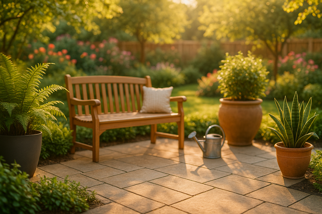 Relaxing garden with sunlight, green plants, and soft decorative lighting creating a peaceful atmosphere