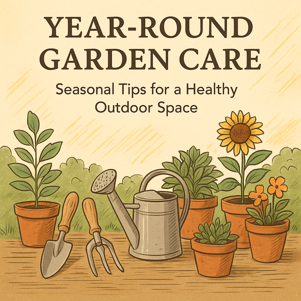 Illustrated scene showing seasonal garden care with plants and gardening tools