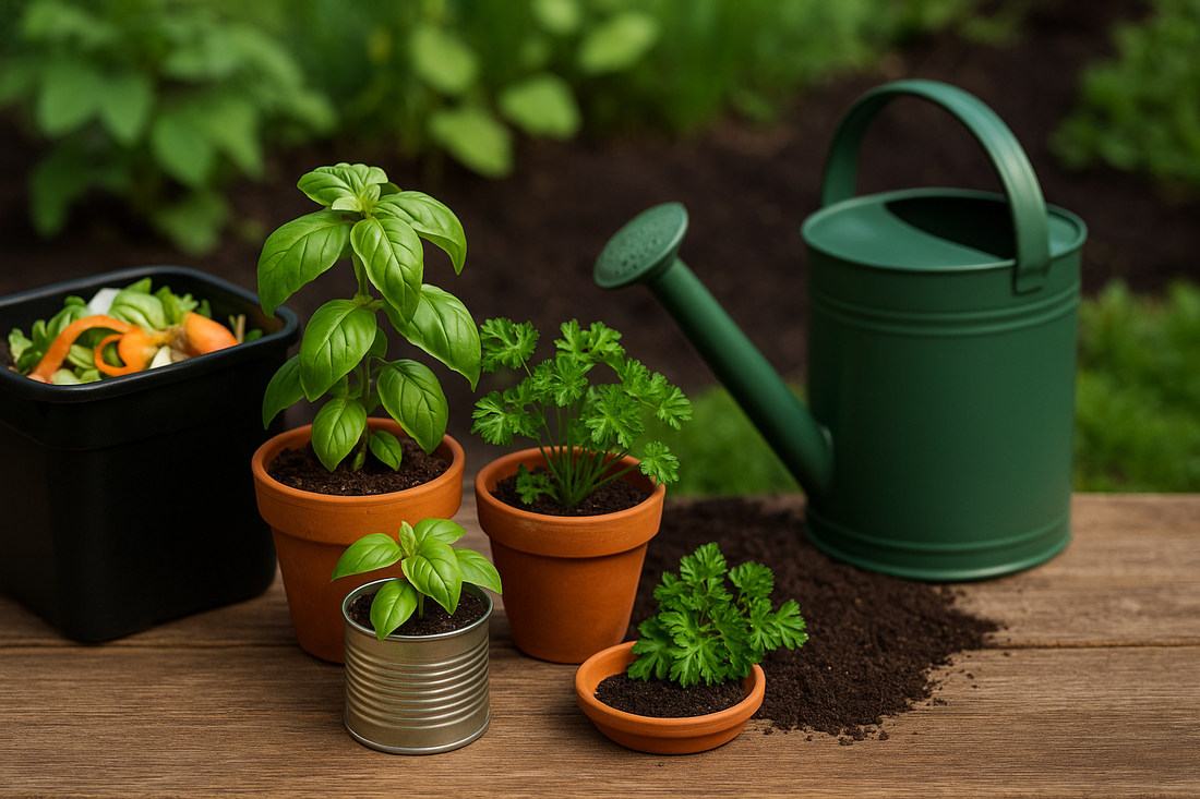 Eco-friendly gardening scene with herbs in recycled and terracotta planters, compost bin, and green watering can on a wooden surface outdoors