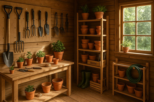 Organized garden shed with shelves, terracotta pots, tools, and sunlight creating a tidy workspace