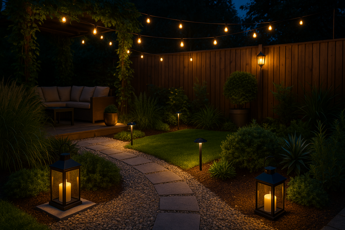 Cozy backyard illuminated at night with warm string lights, lanterns, and pathway lighting creating a stylish evening garden ambience