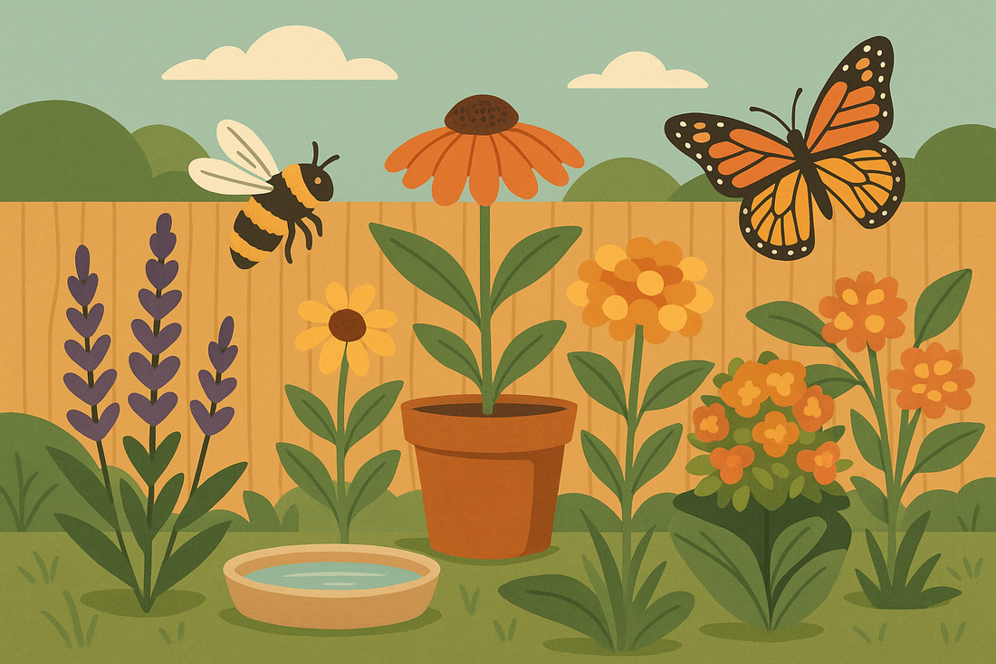 Flat-style illustration of a pollinator-friendly garden with bees, butterflies, flowers, and a shallow water dish in a bright outdoor setting