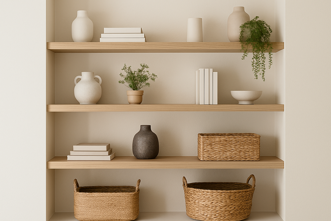 Horizontal thumbnail of designer-styled open shelves with neutral decor, vases, books, and woven baskets — EdenRoots home styling inspiration