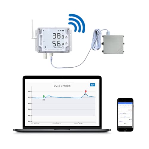 Ubibot Thermometer Hygrometer, Wireless Temperature Data Logger, Remote Humidity Monitor for Refrigerated truck Free App Email Alarm, IFTTT 2.4GHz only (GS1-AETH1RS + CO2 probe)
