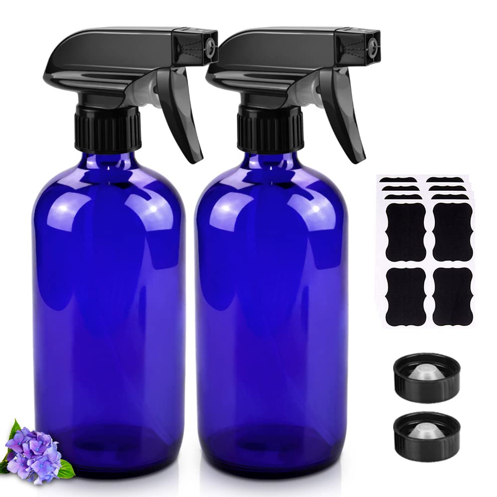 Glass Spray Bottles, 16oz Refillable Containers, Empty Boston Round Bottles with Labels & Adjustable Nozzle for Cleaning, Gardening, Aromatherapy, Pets, Plant, Hair -Blue (2 Pack)