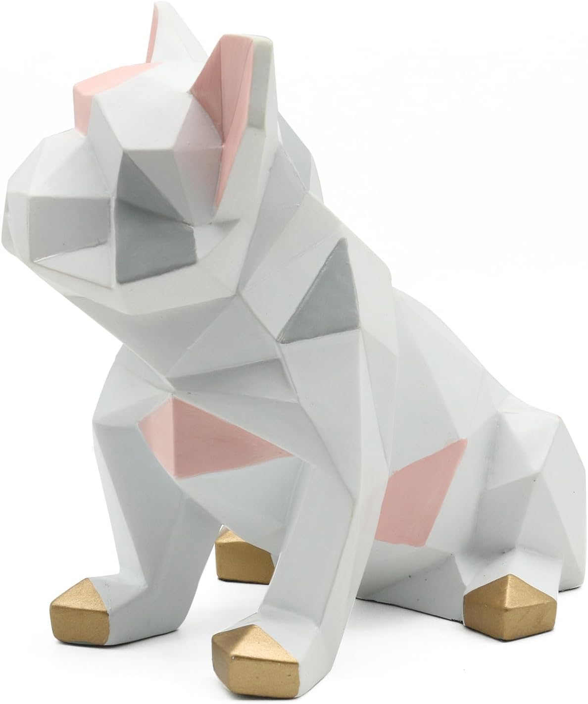 POTAMI Bulldog Sculpture Statue Geometric Gifts Figurine, Modern Art Decor, White and Pink with Gold Feet