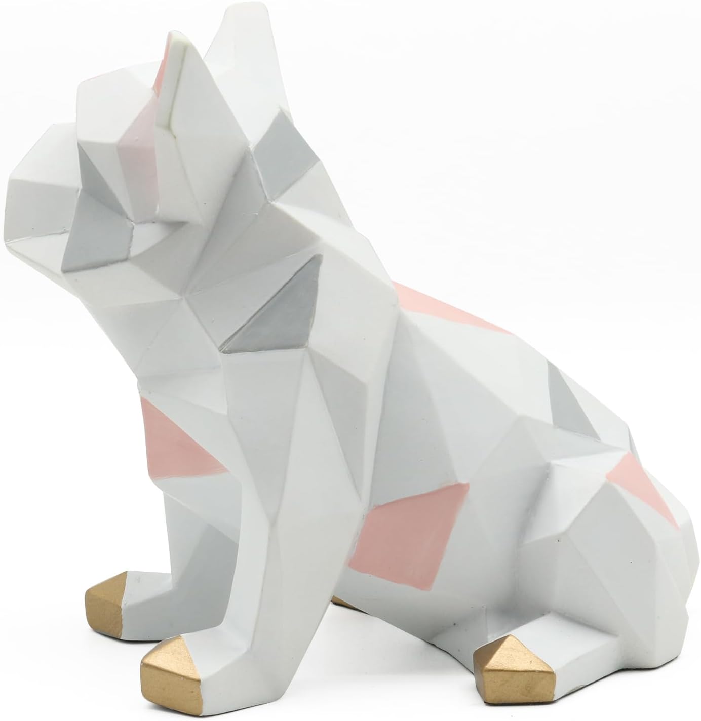 POTAMI Bulldog Sculpture Statue Geometric Gifts Figurine, Modern Art Decor, White and Pink with Gold Feet