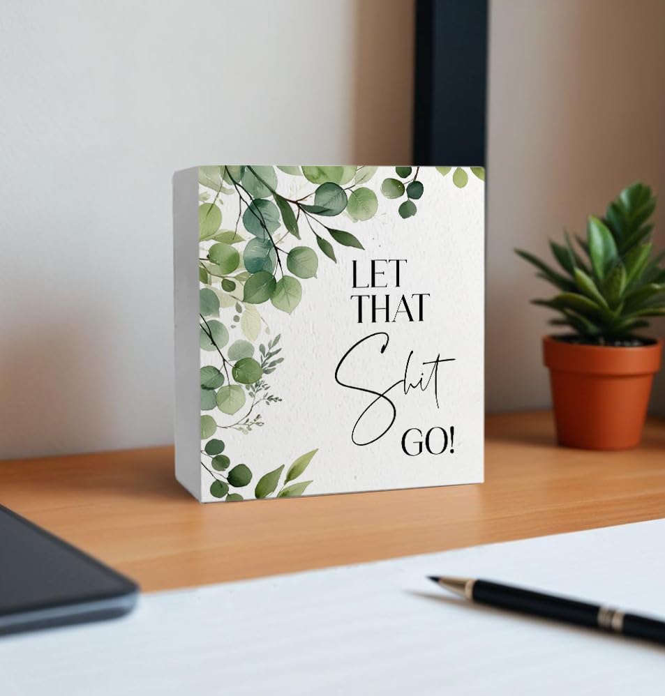 Funny Bathroom Signs, Let That Go Humorous Wooden Box Sign, Eucalyptus Botanical Wood Signs Plaque for Bathroom Washroom Toilet Counter Shelf Table Decor, 5x5 Inch