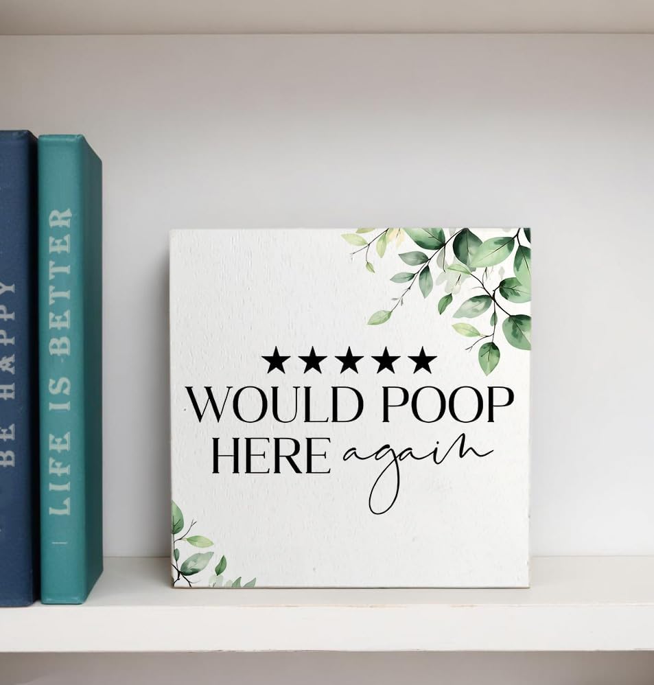Would Poop Here Again Funny Bathroom Wooden Box Sign, Eucalyptus Botanical Wood Signs Plaque for Bathroom Washroom Toilet Counter Shelf Table Decor, 5x5 Inch