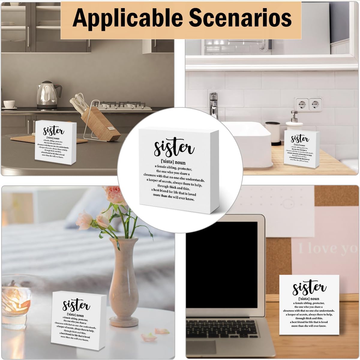 Sister Birthday Gifts Wooden Box Sign, Sister Definition Quotes Wooden Signs, Best Gifts for Bestie Girls, Positive Decor for Farmhouse Home Desk Shelf Tabletop 5 X 5 Inches